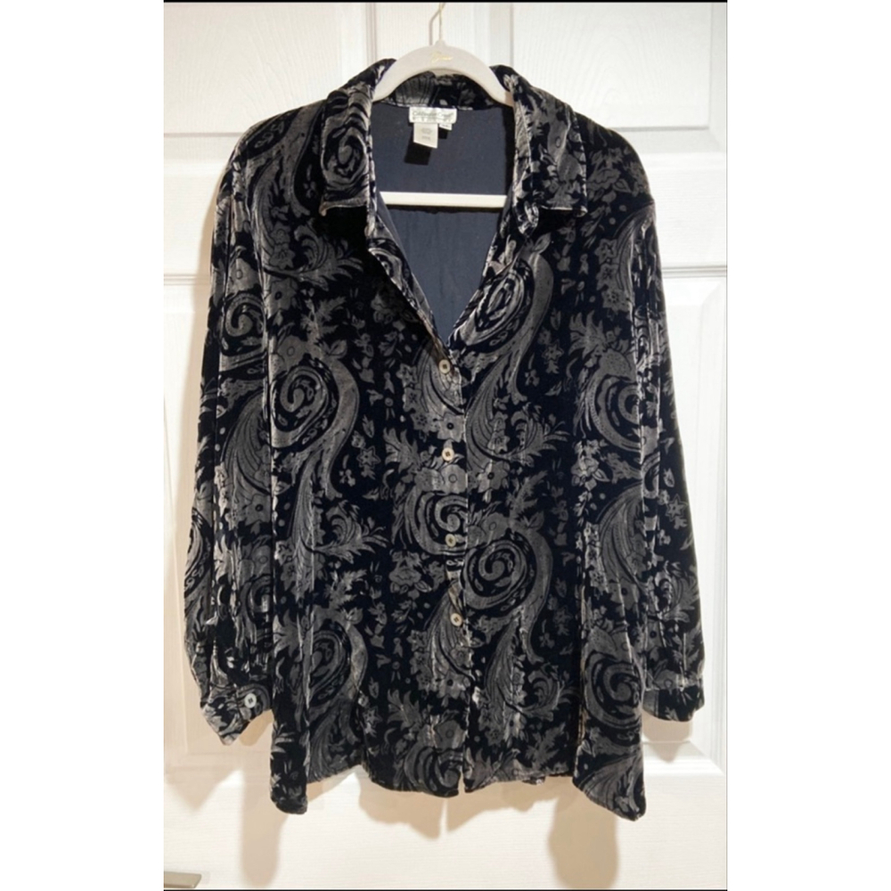 Coldwater Creek Women's‎ Shirt Blouse XL Black Velvet Paisley Button-Down